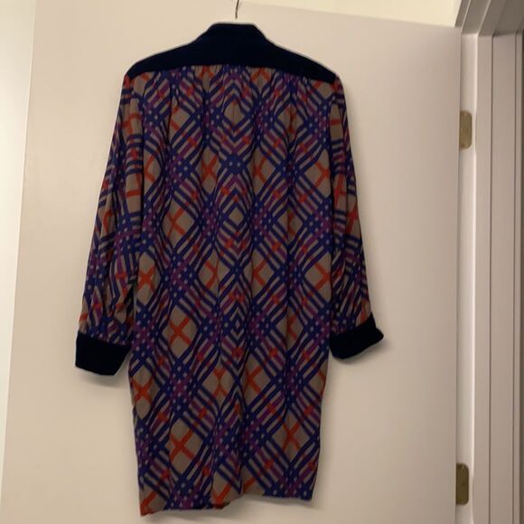Vintage Saint Laurent Rive Gauche Dress 80s Velvet Wool Geometric Plaid Pattern - Picture 8 of 9